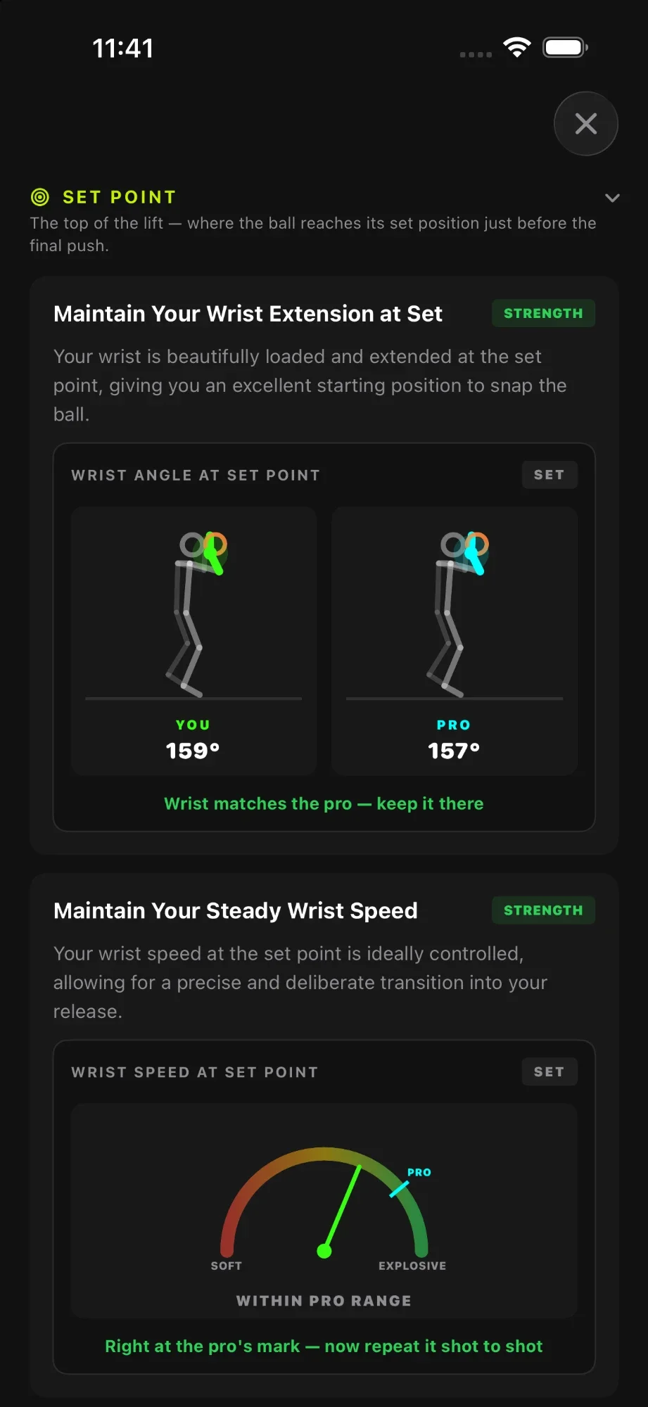 The app's report on iPhone, at the set point: two stick figures, you at 159 degrees and the pro at 157 degrees, under the wrist angle heading and the note that the wrist matches the pro, with a wrist speed gauge below.