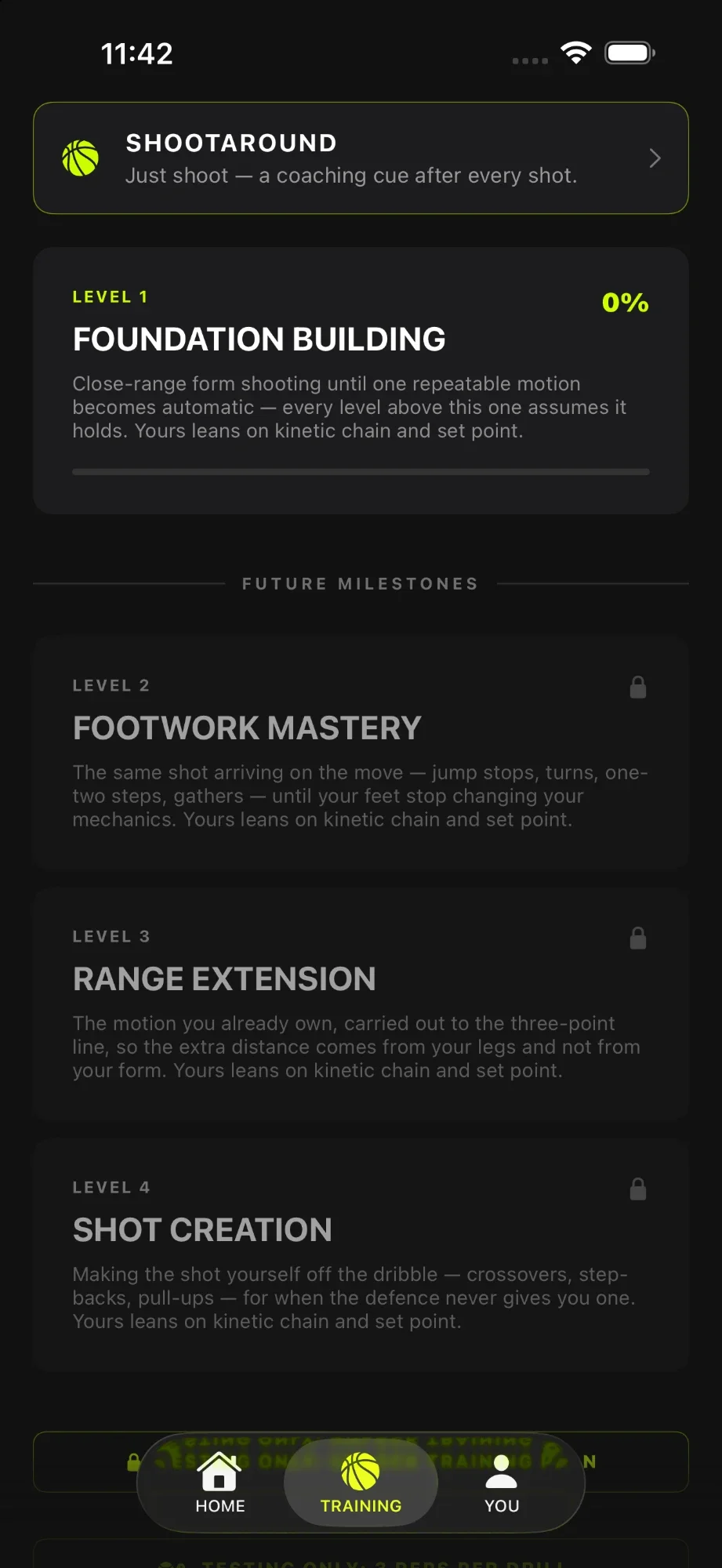 The TRAINING tab on iPhone: the Shootaround card, then Level 1, Foundation Building, at 0 percent, with Levels 2 to 4 locked below, above the app's tab bar.