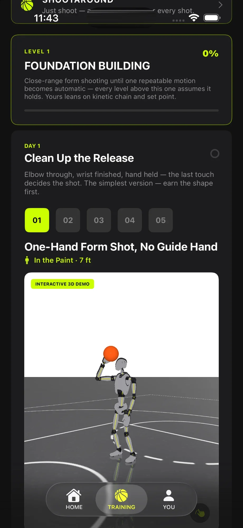 The Day 1 drill on iPhone, Clean Up the Release: five numbered drills, the first a one-hand form shot, above an interactive 3D demo of a figure shooting, over the app's tab bar.